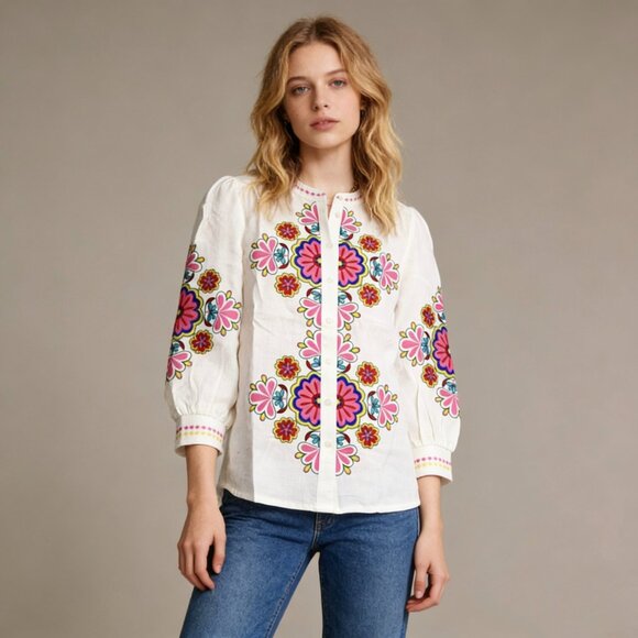 Boden Tops - NWOT Boden Embroidered Floral White Linen Top Shirt Blouse Sz 10